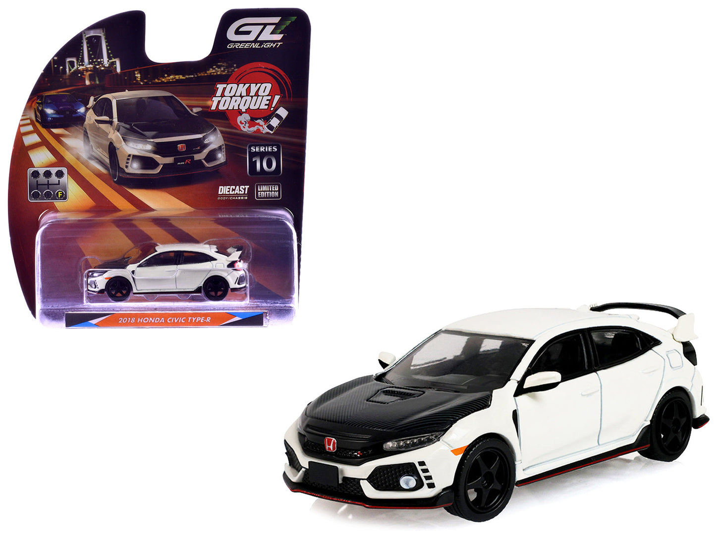 2018 Honda Civic Type-R (FK8) RHD (Right Hand Drive) Championship White with Carbon Hood "Tokyo Torque" Series 10 1/64 Diecast Model Car