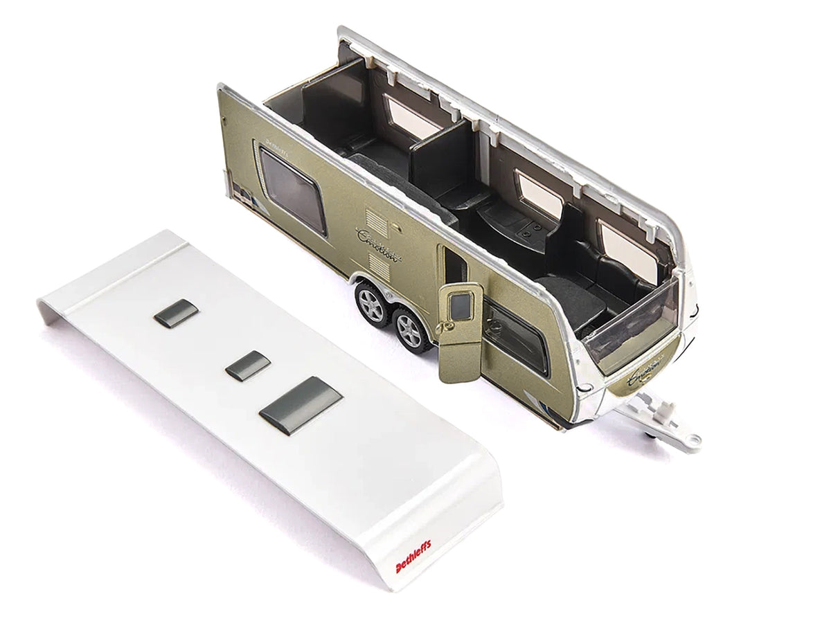 Porsche Macan Turbo Maroon Metallic and Dethleffs Exclusiv Emotion Caravan with Figures and Camp Accessories Set 1/55 Diecast Model