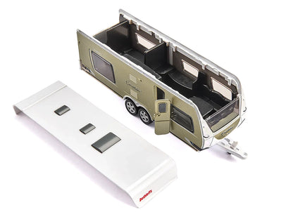 Porsche Macan Turbo Maroon Metallic and Dethleffs Exclusiv Emotion Caravan with Figures and Camp Accessories Set 1/55 Diecast Model