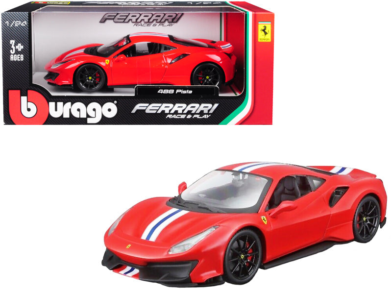 Ferrari 488 Pista Red with White and Blue Stripes 1/24 Diecast Model Car