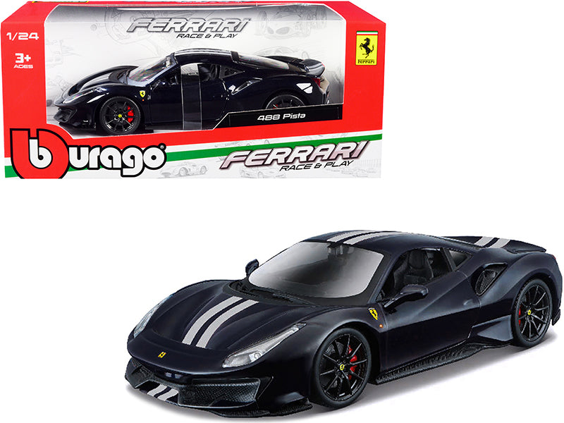 Ferrari 488 Pista Dark Blue Metallic with Silver Stripes 1/24 Diecast Model Car