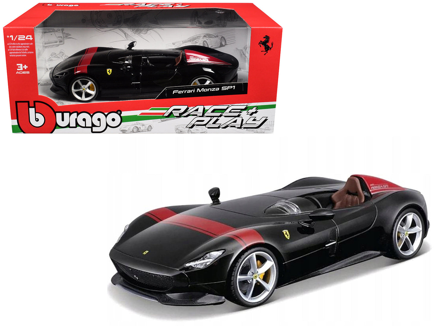 Ferrari Monza SP1 Black Metallic with Red Stripes "Race & Play" Series 1/24 Diecast Model Car