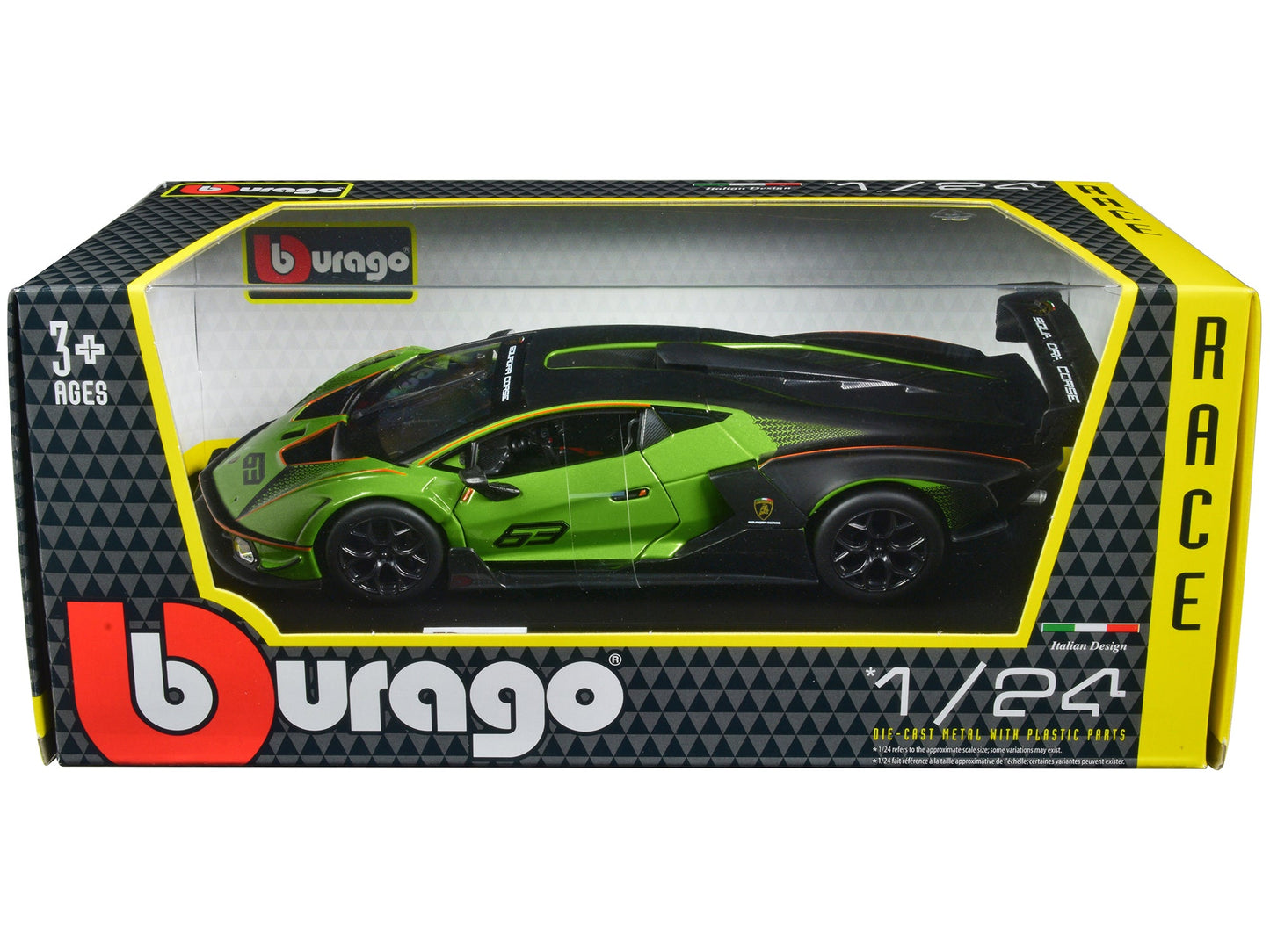 Lamborghini Essenza SCV12 #63 Green Metallic and Black "Squadra Corse" "Race" Series 1/24 Diecast Model Car