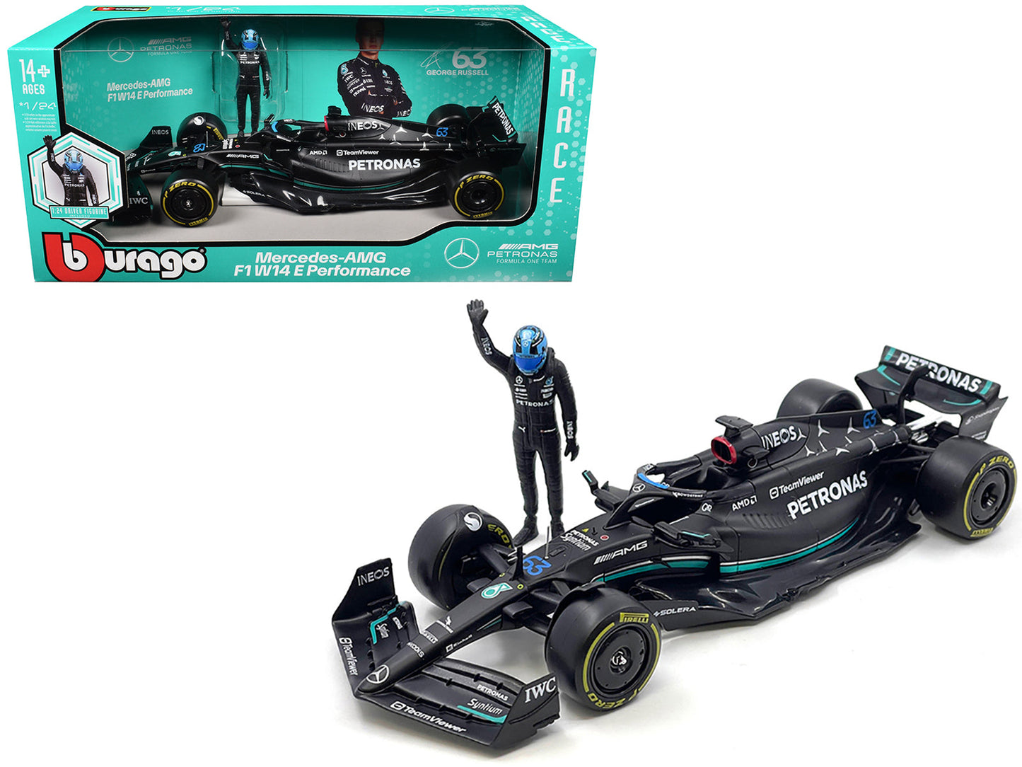 Mercedes-AMG W14 E Performance #63 George Russell "Petronas" Formula One F1 World Championship (2023) with Driver Figure 1/24 Diecast Model Car