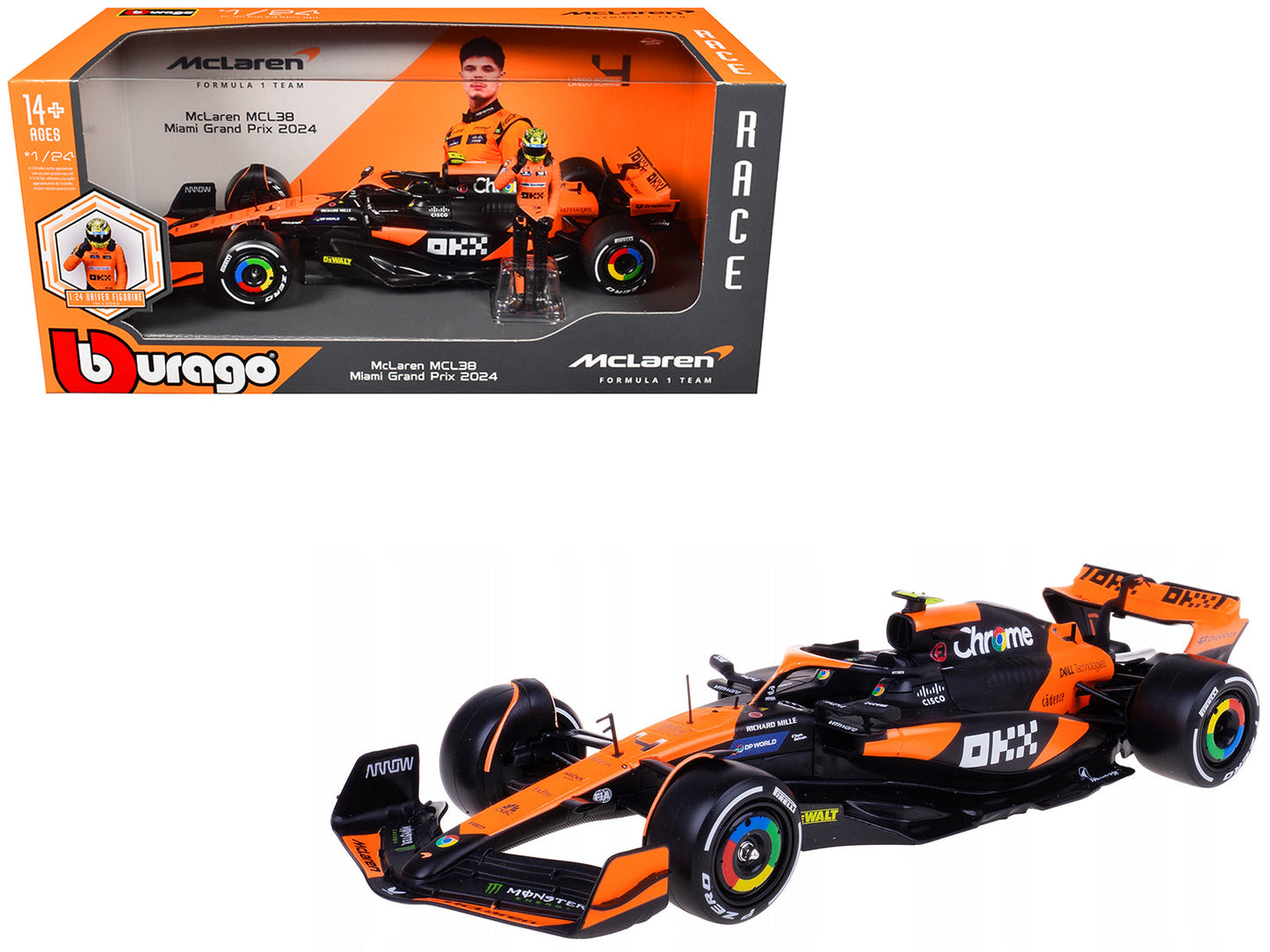 McLaren MCL38 #4 Lando Norris "OKX" Winner Formula One F1 "Miami GP" (2024) with Driver Figure "Race" Series 1/24 Diecast Model Car