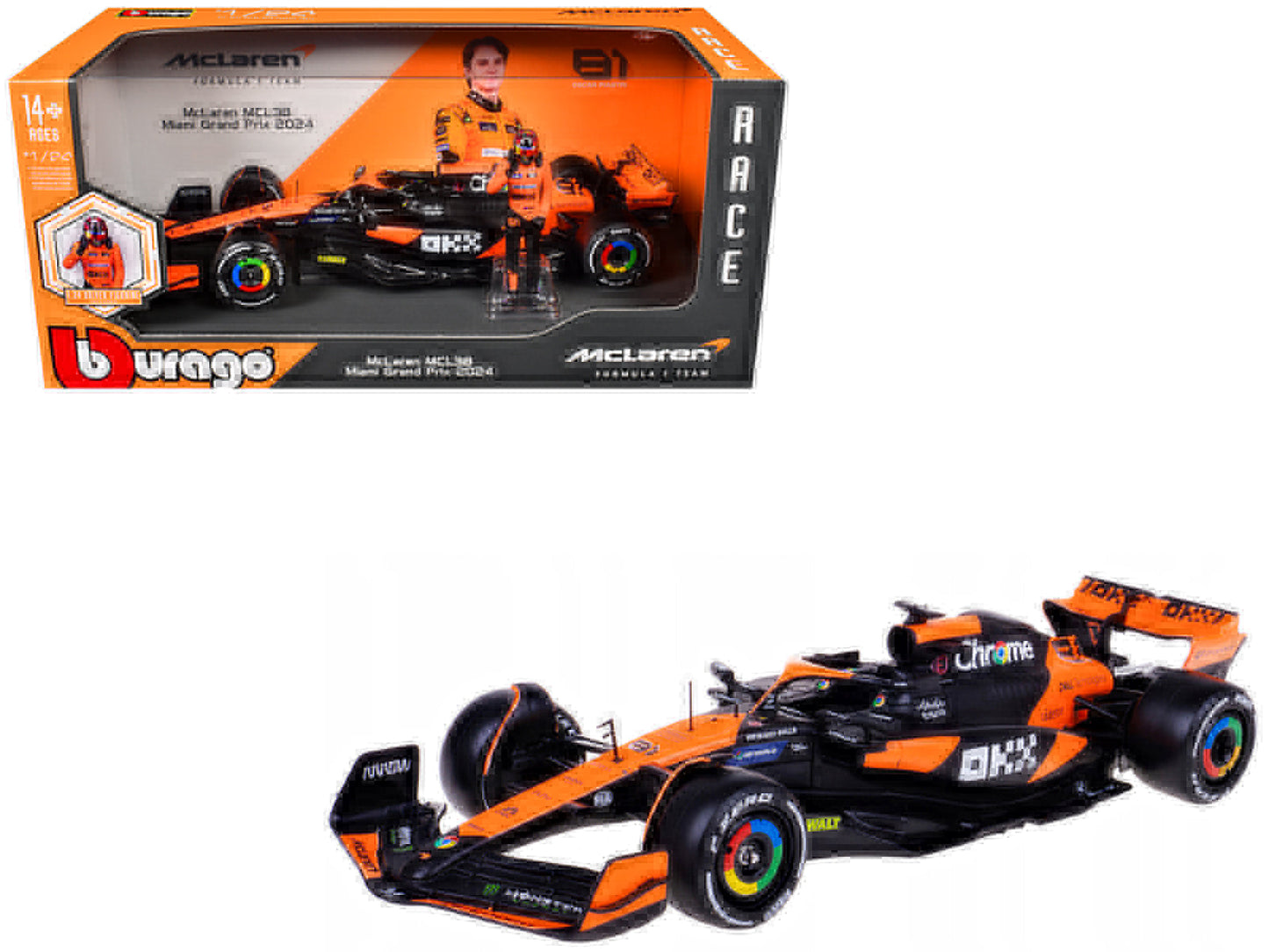McLaren MCL38 #81 Oscar Piastri "OKX" Formula One F1 "Miami GP" (2024) with Driver Figure "Race" Series 1/24 Diecast Model Car