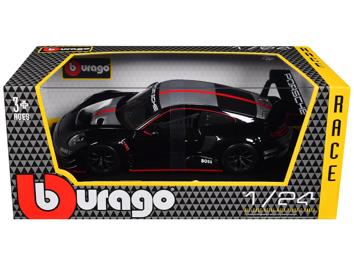 Porsche 911 GT3 R Black with Silver Hood and Top and Red Stripe "Race" Series 1/24 Diecast Model Car