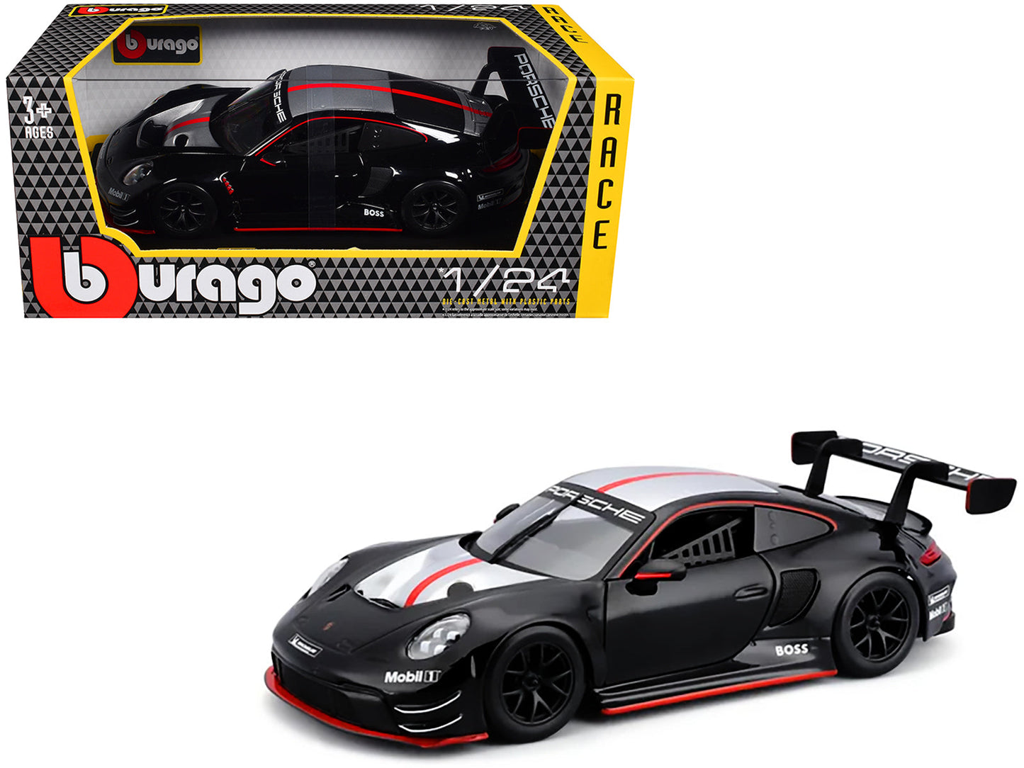Porsche 911 GT3 R Black with Silver Hood and Top and Red Stripe "Race" Series 1/24 Diecast Model Car