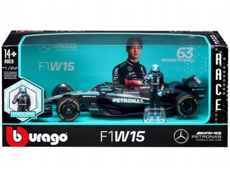Mercedes-AMG F1 W15 E Performance #63 George Russell "Petronas" Formula One F1 Championship World Championship (2024) with Driver Figure 1/24 Diecast Model Car