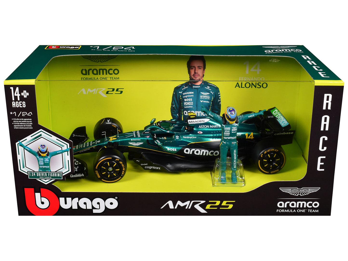 Aston Martin AMR25 #14 Fernando Alonso "Aramco" Formula One F1 "World Championship" (2025) with Driver Figure 1/24 Diecast Model Car