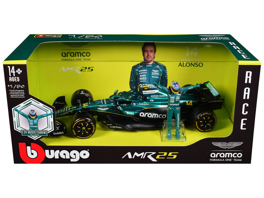 Aston Martin AMR25 #14 Fernando Alonso "Aramco" Formula One F1 "World Championship" (2025) with Driver Figure 1/24 Diecast Model Car