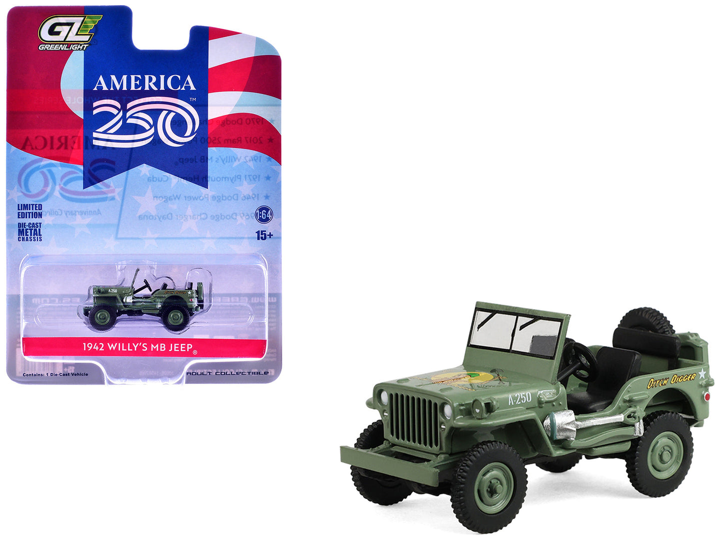 1942 Willy’s MB Jeep Olive Green "America 250 Edition" "Anniversary Collection" Series 18 1/64 Diecast Model Car