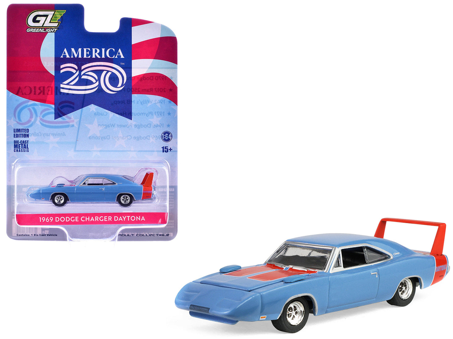 1969 Dodge Charger Daytona Blue with Red Stripes "America 250 Edition" "Anniversary Collection" Series 18 1/64 Diecast Model Car