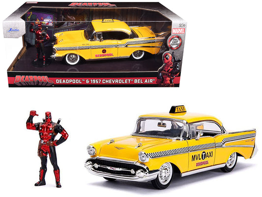 1957 Chevrolet Bel Air Taxi Yellow with Deadpool Diecast Figurine "Marvel" Series 1/24 Diecast Model Car