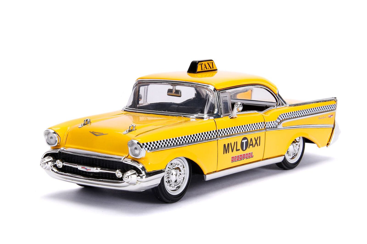 1957 Chevrolet Bel Air Taxi Yellow with Deadpool Diecast Figurine "Marvel" Series 1/24 Diecast Model Car