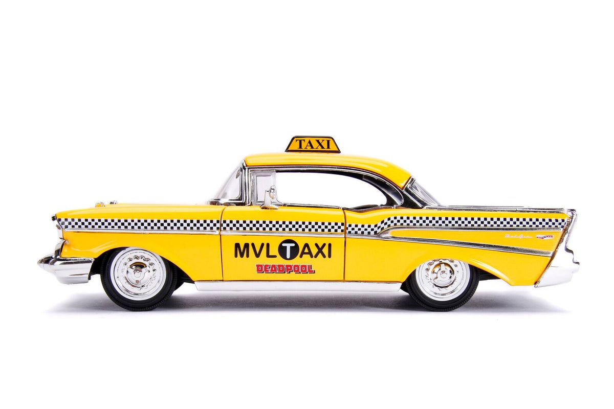 1957 Chevrolet Bel Air Taxi Yellow with Deadpool Diecast Figurine "Marvel" Series 1/24 Diecast Model Car