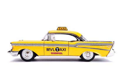 1957 Chevrolet Bel Air Taxi Yellow with Deadpool Diecast Figurine "Marvel" Series 1/24 Diecast Model Car
