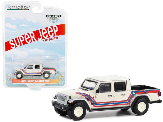 2021 Jeep Gladiator Pickup Truck "Super Jeep Tribute" White with Red and Blue Stripes "Hobby Exclusive" Series 1/64 Diecast Model Car