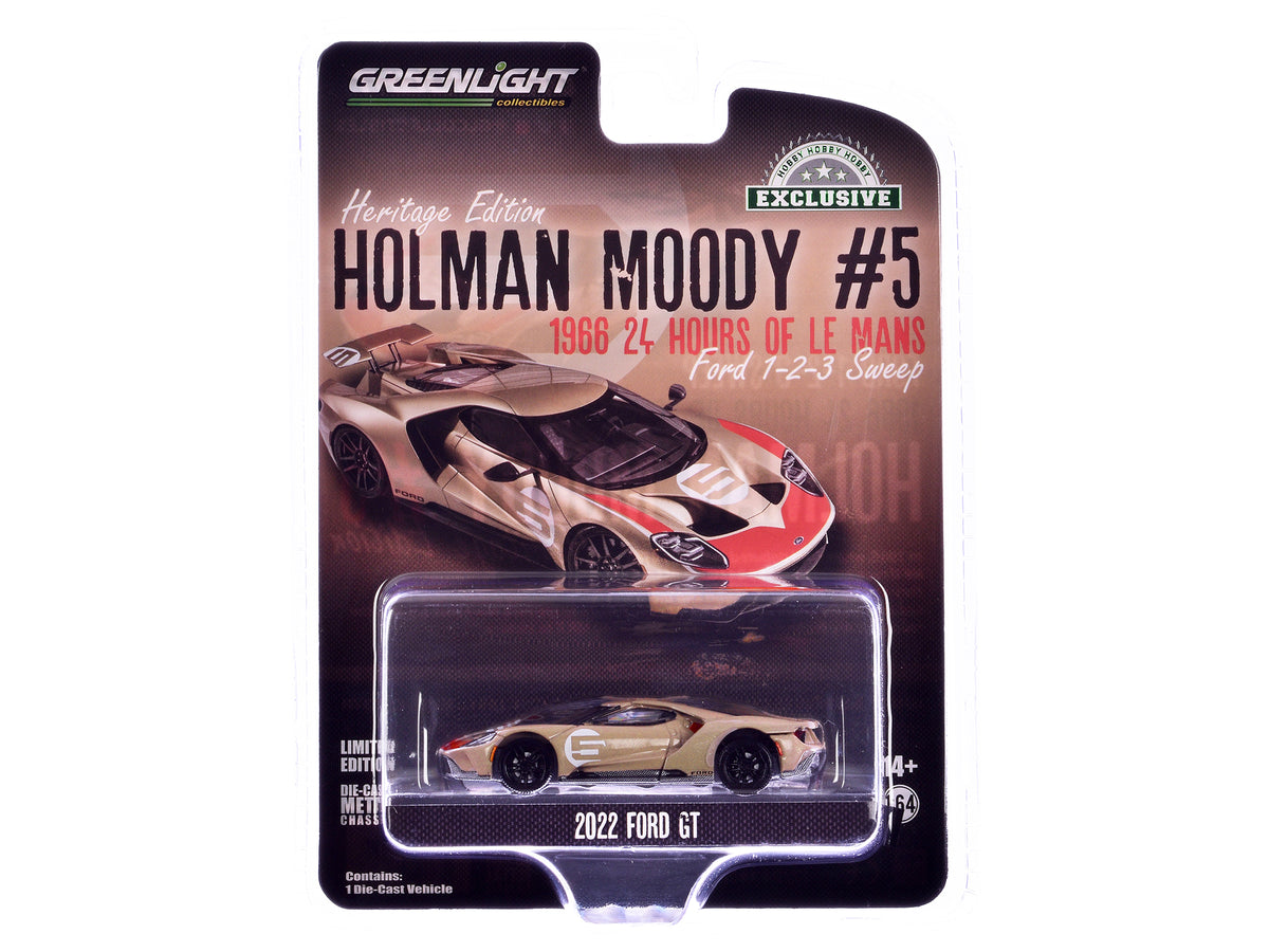 2022 Ford GT Heritage Edition #5 Holman-Moody "1966 24 Hours of Le Mans Ford 1-2-3 Sweep Tribute" Gold Metallic with Red Accents "Hobby Exclusive" Series 1/64 Diecast Model Car