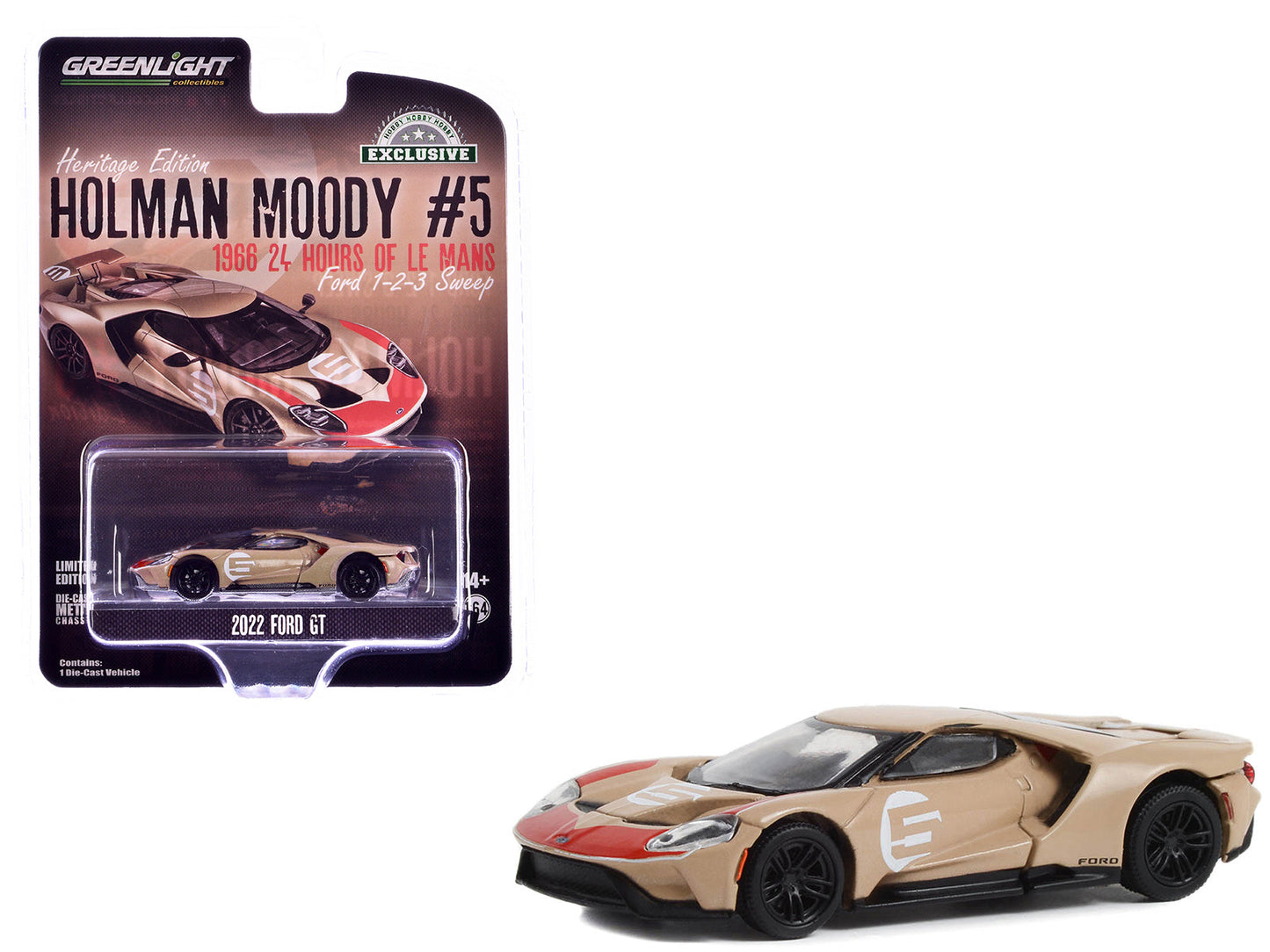 2022 Ford GT Heritage Edition #5 Holman-Moody "1966 24 Hours of Le Mans Ford 1-2-3 Sweep Tribute" Gold Metallic with Red Accents "Hobby Exclusive" Series 1/64 Diecast Model Car