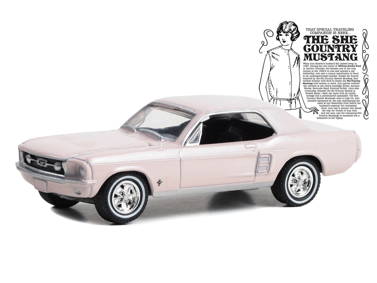 1967 Ford Mustang Coupe "She Country Special - Bill Goodro Ford Denver Colorado" Bermuda Sand "Hobby Exclusive" Series 1/64 Diecast Model Car