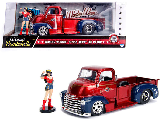 1952 Chevrolet COE Pickup Truck Candy Red and Blue with Wonder Woman Diecast Figure "DC Comics Bombshells" Series "Hollywood Rides" 1/24 Diecast Model Car