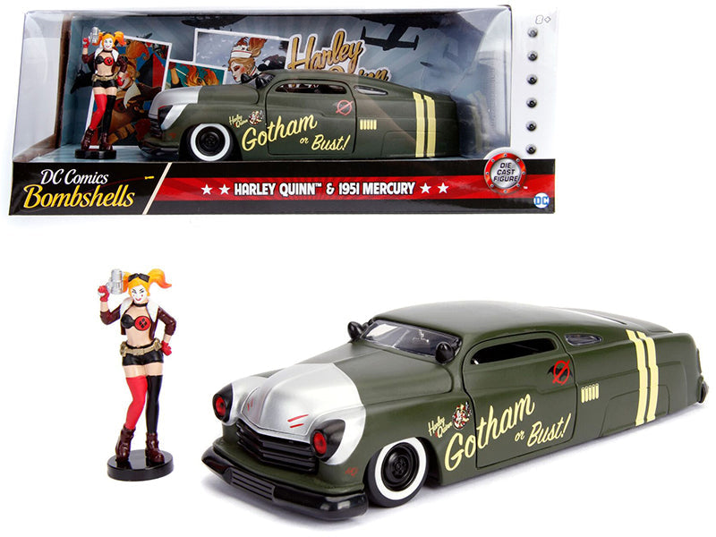 1951 Mercury Matt Green with Harley Quinn Diecast Figurine "DC Comics Bombshells" Series 1/24 Diecast Model Car