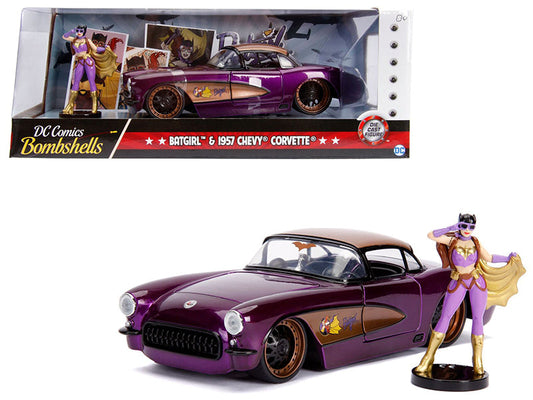 1957 Chevrolet Corvette Purple with Batgirl Diecast Figurine "DC Comics Bombshells" Series 1/24 Diecast Model Car