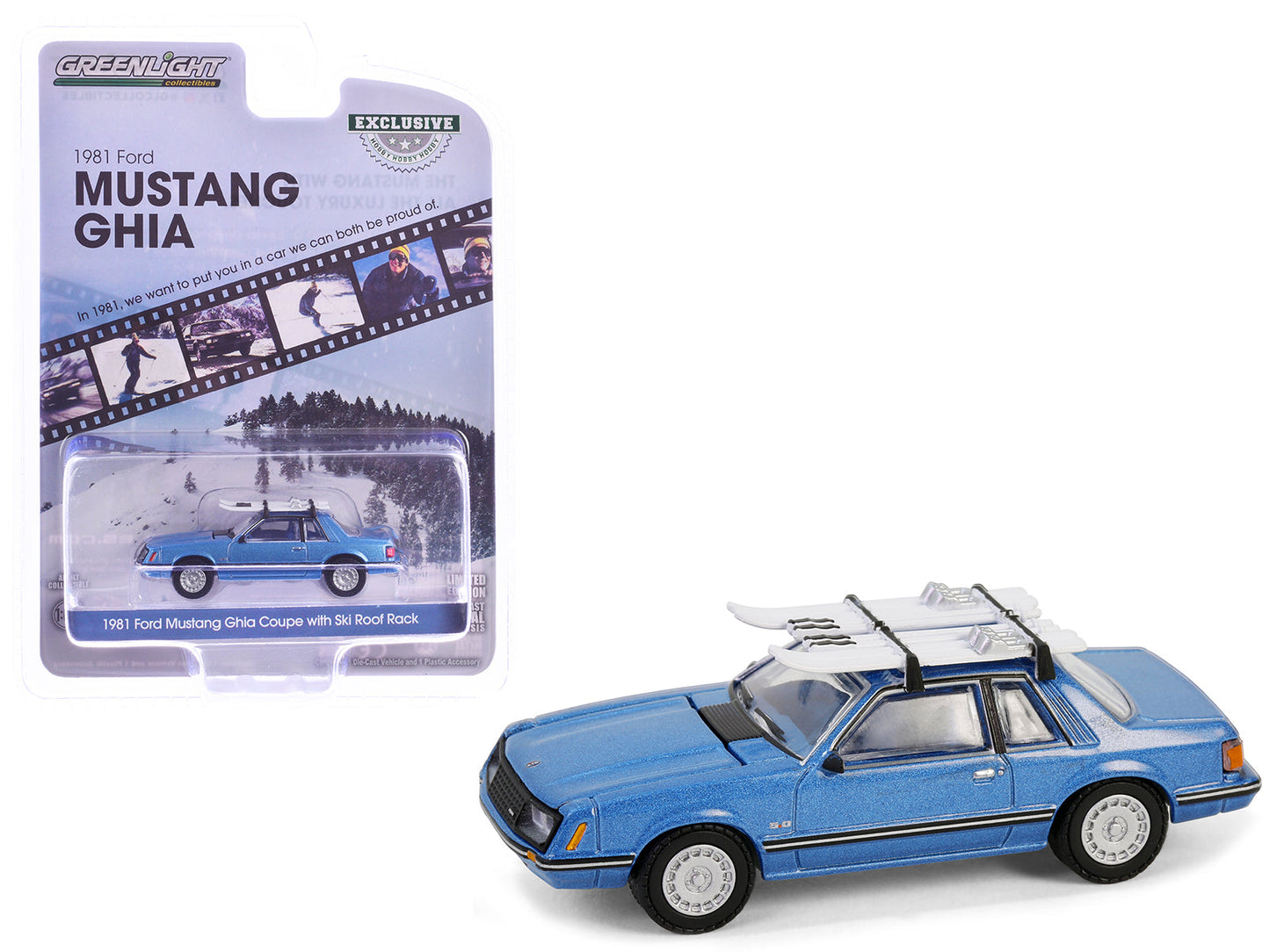 1981 Ford Mustang Ghia Coupe Blue Glow Metallic with Ski Roof Rack "Hobby Exclusive" Series 1/64 Diecast Model Car