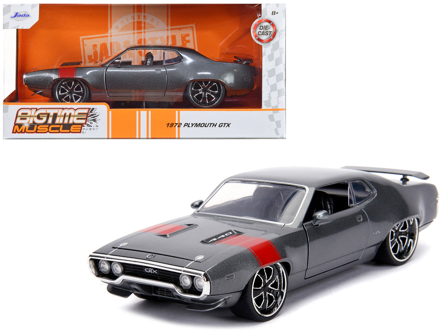 1972 Plymouth GTX 440 Metallic Gray with Red Stripe "Bigtime Muscle" 1/24 Diecast Model Car