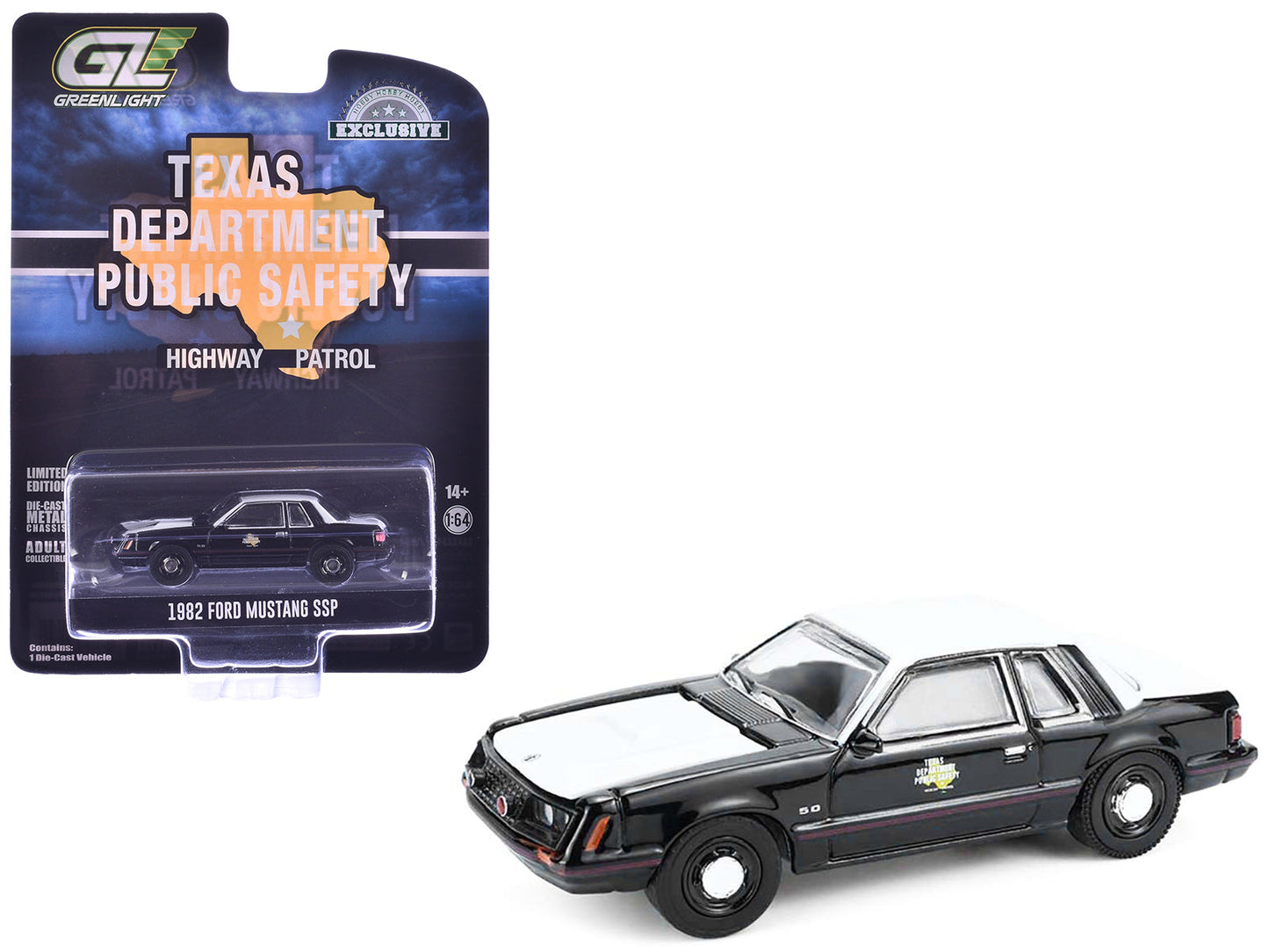 1982 Ford Mustang SSP "Texas Department of Public Safety Highway Patrol" Black with White Hood and Top "Hobby Exclusive" Series 1/64 Diecast Model Car