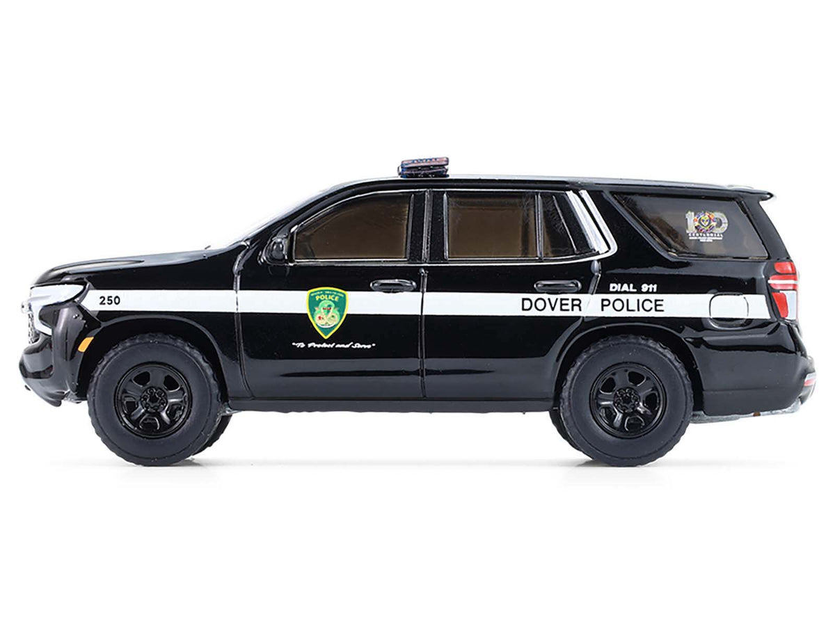 2024 Chevrolet Tahoe Police Pursuit Vehicle "Dover Police – 100th Anniversary Edition" Black with White Stripes "Hobby Exclusive" Series 1/64 Diecast Model Car