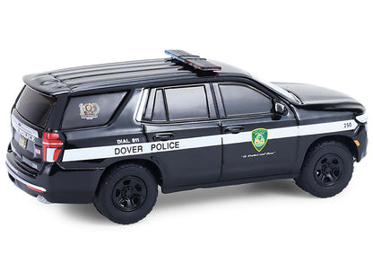 2024 Chevrolet Tahoe Police Pursuit Vehicle "Dover Police – 100th Anniversary Edition" Black with White Stripes "Hobby Exclusive" Series 1/64 Diecast Model Car