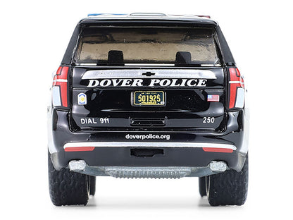 2024 Chevrolet Tahoe Police Pursuit Vehicle "Dover Police – 100th Anniversary Edition" Black with White Stripes "Hobby Exclusive" Series 1/64 Diecast Model Car
