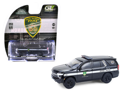 2024 Chevrolet Tahoe Police Pursuit Vehicle "Dover Police – 100th Anniversary Edition" Black with White Stripes "Hobby Exclusive" Series 1/64 Diecast Model Car