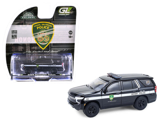 2024 Chevrolet Tahoe Police Pursuit Vehicle "Dover Police – 100th Anniversary Edition" Black with White Stripes "Hobby Exclusive" Series 1/64 Diecast Model Car