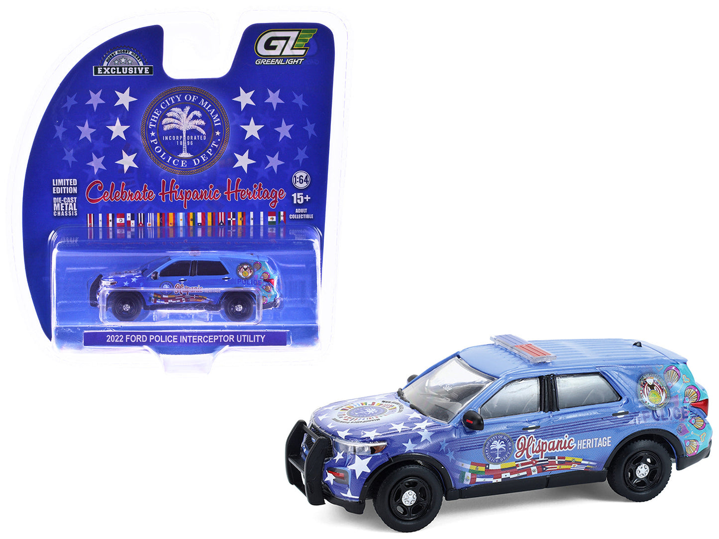2022 Ford Police Interceptor Utility "Miami Police Department Hispanic Heritage Month" Blue with Graphics "Hobby Exclusive" Series 1/64 Diecast Model Car
