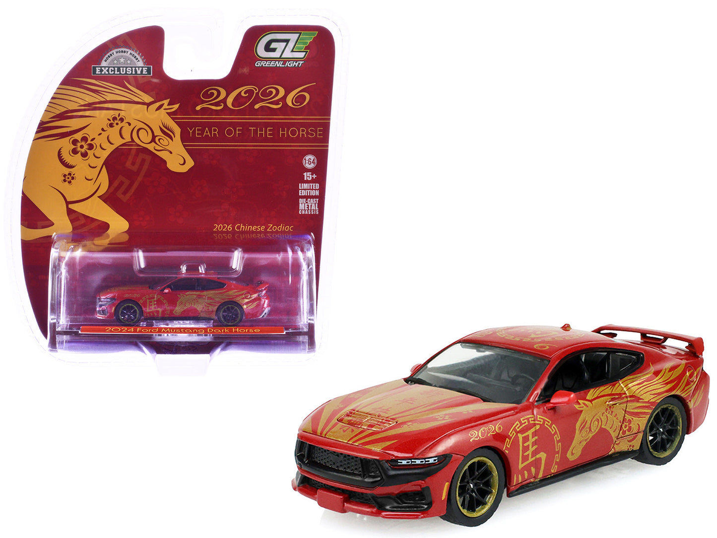 2024 Ford Mustang Dark Horse "Chinese Zodiac 2026 Year of the Horse" Red with Gold Graphics "Hobby Exclusive" Series 1/64 Diecast Model Car