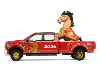 2022 Ford F-450 Dually Pickup Truck "Chinese Zodiac 2026 Year of the Horse" Red with Gold Graphics and Horse Figure "Hobby Exclusive" Series 1/64 Diecast Model Car