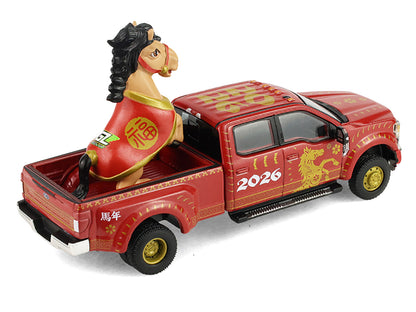 2022 Ford F-450 Dually Pickup Truck "Chinese Zodiac 2026 Year of the Horse" Red with Gold Graphics and Horse Figure "Hobby Exclusive" Series 1/64 Diecast Model Car