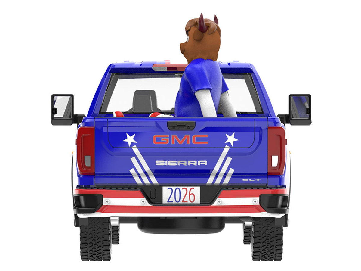 2022 GMC Sierra 3500 HD Pickup Truck Blue with American Soccer Graphics with Bison Figure "International Soccer Celebration '26" Series 1/64 Diecast Model Car
