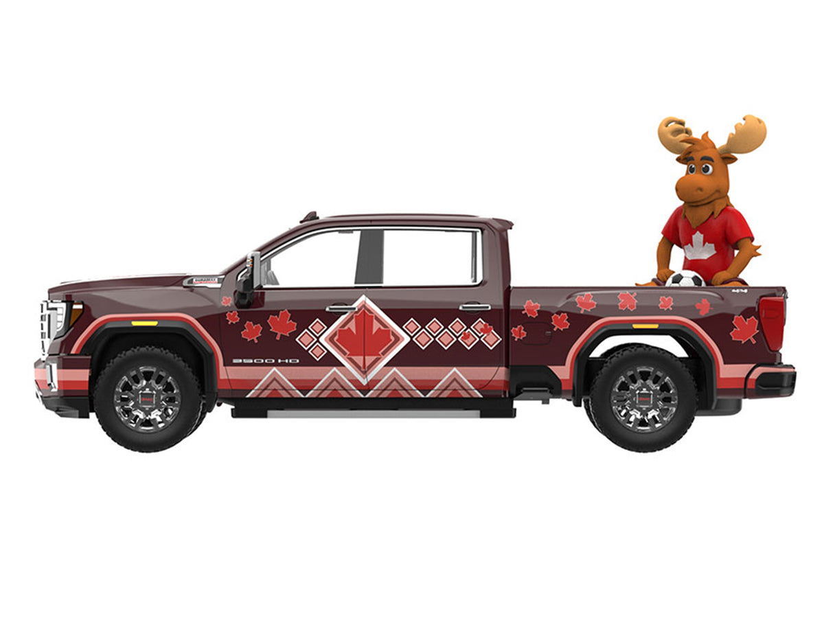 2022 GMC Sierra 3500 HD Pickup Truck Dark Red with Canadian Soccer Graphics with Moose Figure "International Soccer Celebration '26" Series 1/64 Diecast Model Car