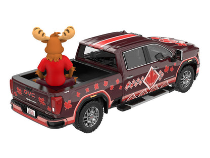 2022 GMC Sierra 3500 HD Pickup Truck Dark Red with Canadian Soccer Graphics with Moose Figure "International Soccer Celebration '26" Series 1/64 Diecast Model Car