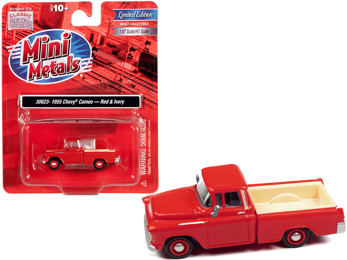 1955 Chevrolet Cameo Pickup Truck Red and Ivory 1/87 (HO) Scale Model Car