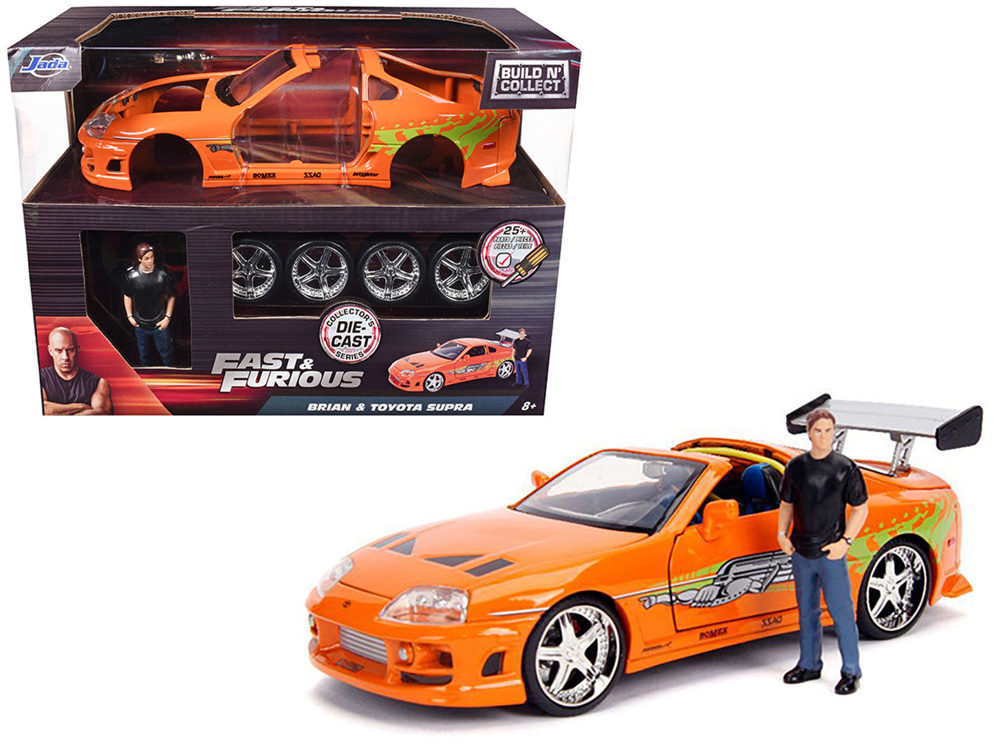 Model Kit Toyota Supra Metallic Orange with Brian Diecast Figure "Fast & Furious" Movie "Build N' Collect" 1/24 Diecast Model Car