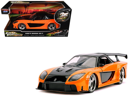 Han's Mazda RX-7 RHD (Right Hand Drive) Orange and Black "The Fast and the Furious: Tokyo Drift" (2006) Movie "25 Years of Fast & Furious" Series 1/24 Diecast Model Car