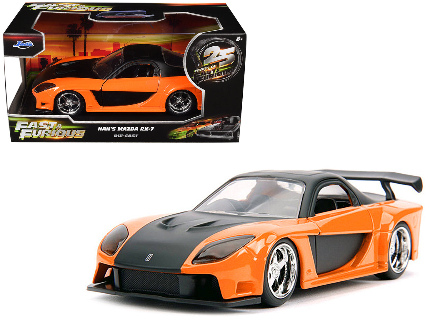 Han's Mazda RX-7 RHD (Right Hand Drive) Orange Metallic and Black "25 Years of Fast & Furious" "The Fast and the Furious: Tokyo Drift" (2006) Movie "Fast & Furious" Series 1/32 Diecast Model Car