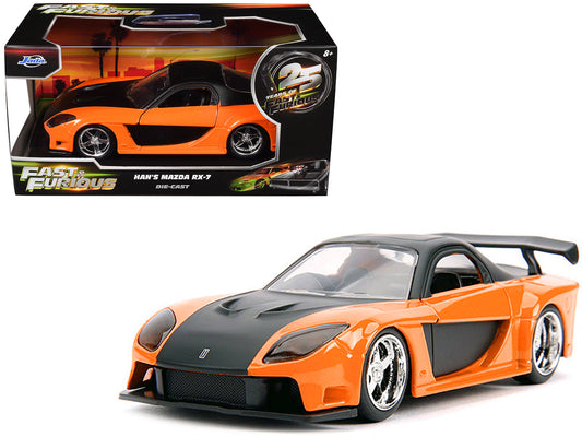 Han's Mazda RX-7 RHD (Right Hand Drive) Orange Metallic and Black "25 Years of Fast & Furious" "The Fast and the Furious: Tokyo Drift" (2006) Movie "Fast & Furious" Series 1/32 Diecast Model Car