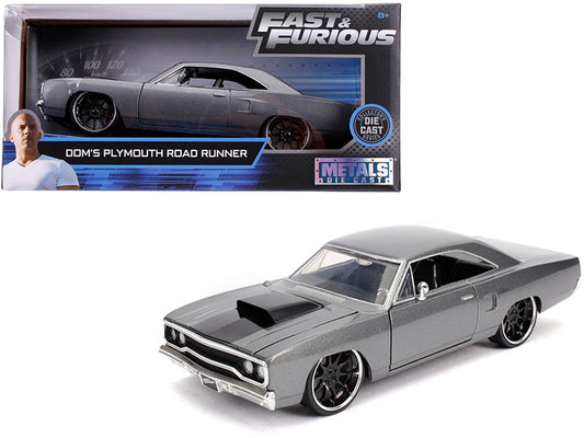 Dom's Plymouth Road Runner Gray Metallic with Black Hood Stripe "Fast & Furious" Movie 1/24 Diecast Model Car