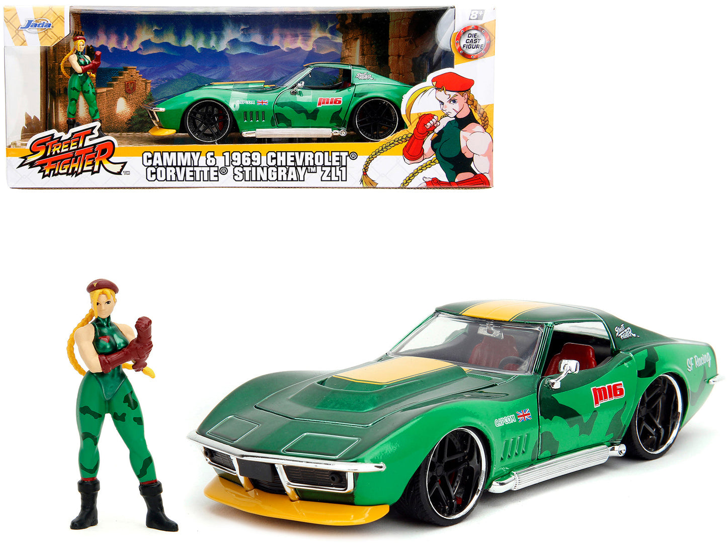 1969 Chevrolet Corvette Stingray ZL1 Green Metallic with Yellow Stripes and Cammy Diecast Figure "Street Fighter" Video Game "Anime Hollywood Rides" Series 1/24 Diecast Model Car